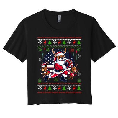 Santa Reindeer Play American Football Ugly Christmas Women's Crop Top Tee