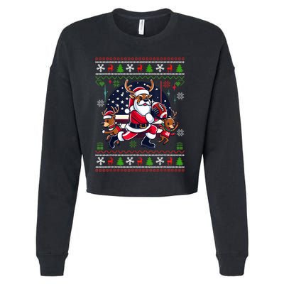 Santa Reindeer Play American Football Ugly Christmas Cropped Pullover Crew