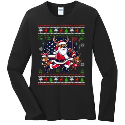 Santa Reindeer Play American Football Ugly Christmas Ladies Long Sleeve Shirt