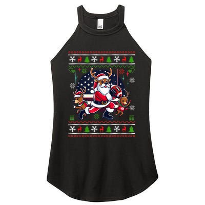 Santa Reindeer Play American Football Ugly Christmas Women's Perfect Tri Rocker Tank