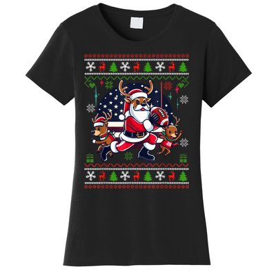 Santa Reindeer Play American Football Ugly Christmas Women's T-Shirt