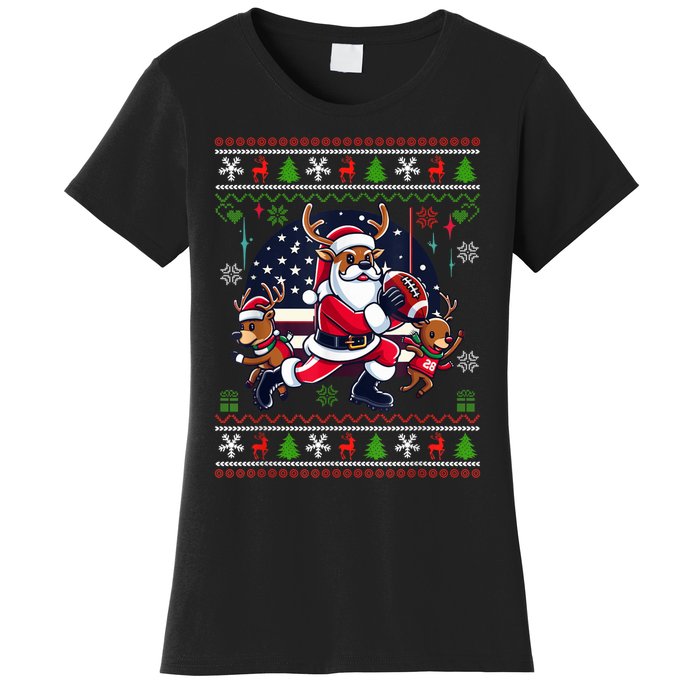 Santa Reindeer Play American Football Ugly Christmas Women's T-Shirt