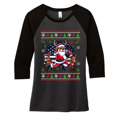 Santa Reindeer Play American Football Ugly Christmas Women's Tri-Blend 3/4-Sleeve Raglan Shirt