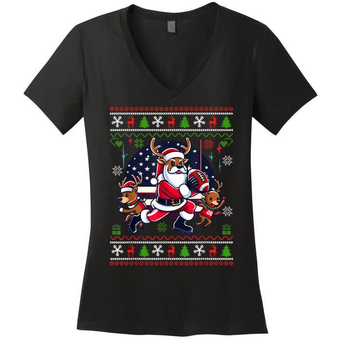 Santa Reindeer Play American Football Ugly Christmas Women's V-Neck T-Shirt