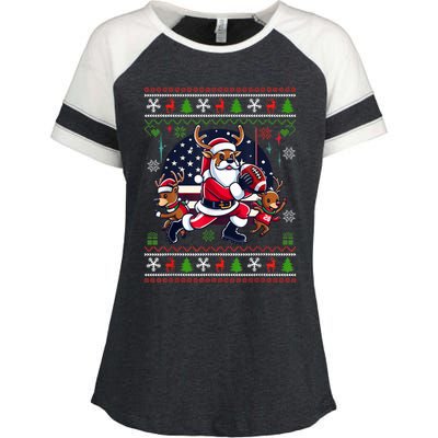 Santa Reindeer Play American Football Ugly Christmas Enza Ladies Jersey Colorblock Tee