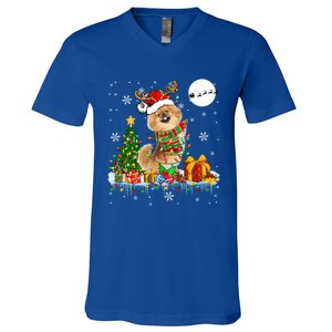 Santa Reindeer Pekingese Christmas Tree Lights Dog Owner Gift V-Neck T-Shirt