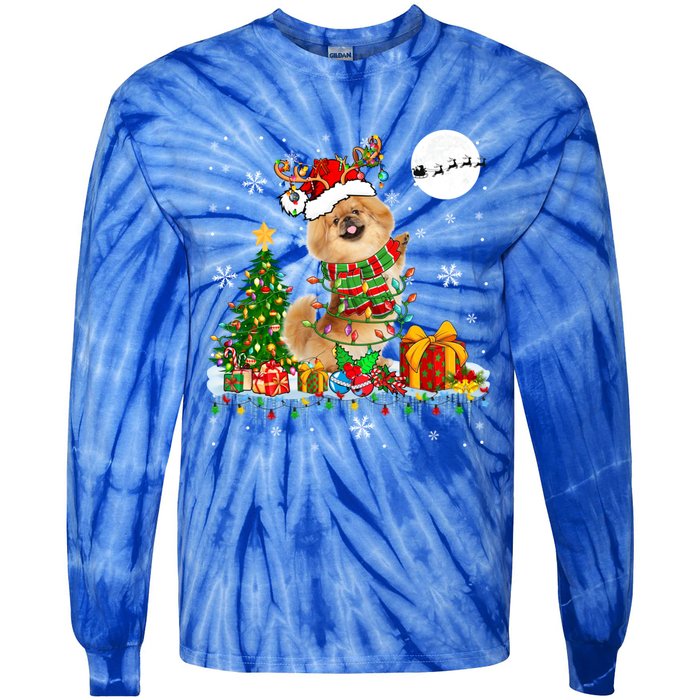 Santa Reindeer Pekingese Christmas Tree Lights Dog Owner Gift Tie-Dye Long Sleeve Shirt