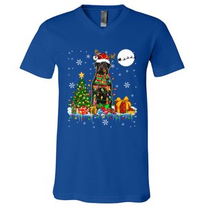 Santa Reindeer Rottweiler Christmas Tree Lights Dog Owner Gift V-Neck T-Shirt