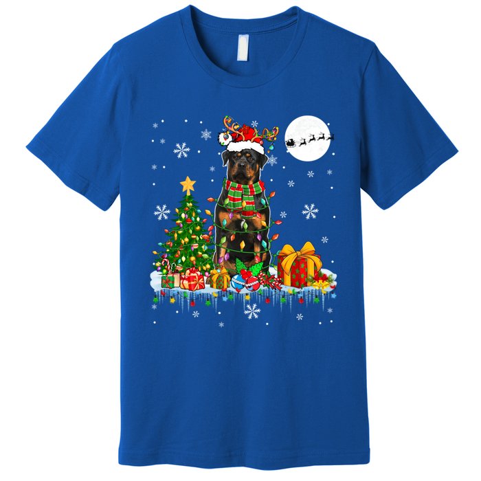 Santa Reindeer Rottweiler Christmas Tree Lights Dog Owner Gift Premium T-Shirt