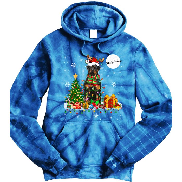 Santa Reindeer Rottweiler Christmas Tree Lights Dog Owner Gift Tie Dye Hoodie