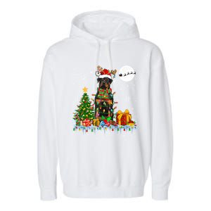 Santa Reindeer Rottweiler Christmas Tree Lights Dog Owner Gift Garment-Dyed Fleece Hoodie