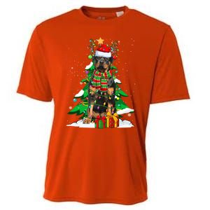 Santa Reindeer Rottweiler Dog Xmas Tree Lights Christmas Pjs Gift Cooling Performance Crew T-Shirt