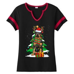 Santa Reindeer Rottweiler Dog Xmas Tree Lights Christmas Pjs Gift Ladies Halftime Notch Neck Tee