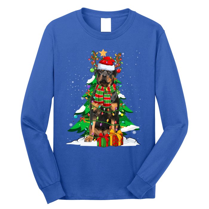 Santa Reindeer Rottweiler Dog Xmas Tree Lights Christmas Pjs Gift Long Sleeve Shirt