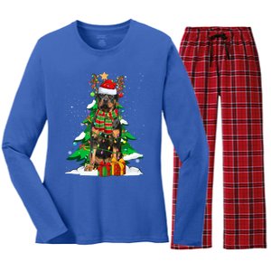 Santa Reindeer Rottweiler Dog Xmas Tree Lights Christmas Pjs Gift Women's Long Sleeve Flannel Pajama Set 