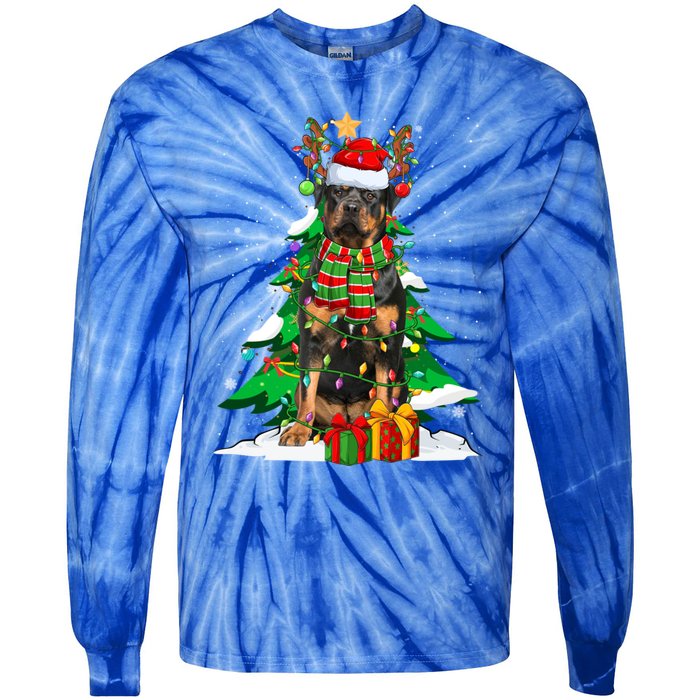 Santa Reindeer Rottweiler Dog Xmas Tree Lights Christmas Pjs Gift Tie-Dye Long Sleeve Shirt