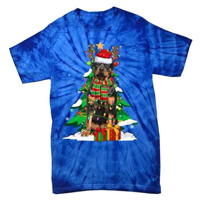 Santa Reindeer Rottweiler Dog Xmas Tree Lights Christmas Pjs Gift Tie-Dye T-Shirt