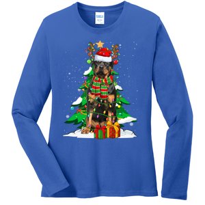 Santa Reindeer Rottweiler Dog Xmas Tree Lights Christmas Pjs Gift Ladies Long Sleeve Shirt