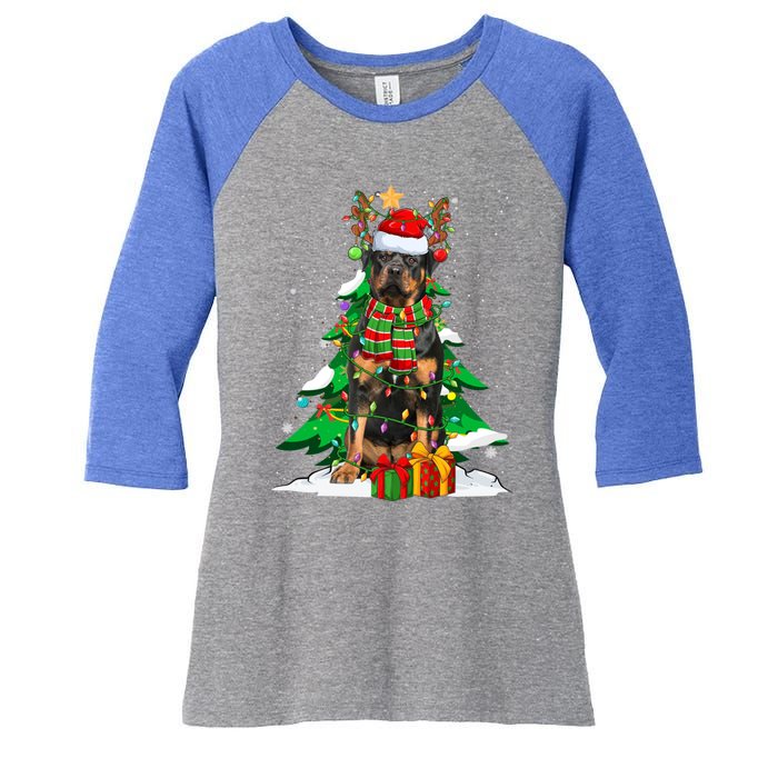 Santa Reindeer Rottweiler Dog Xmas Tree Lights Christmas Pjs Gift Women's Tri-Blend 3/4-Sleeve Raglan Shirt