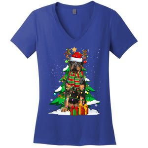 Santa Reindeer Rottweiler Dog Xmas Tree Lights Christmas Pjs Gift Women's V-Neck T-Shirt