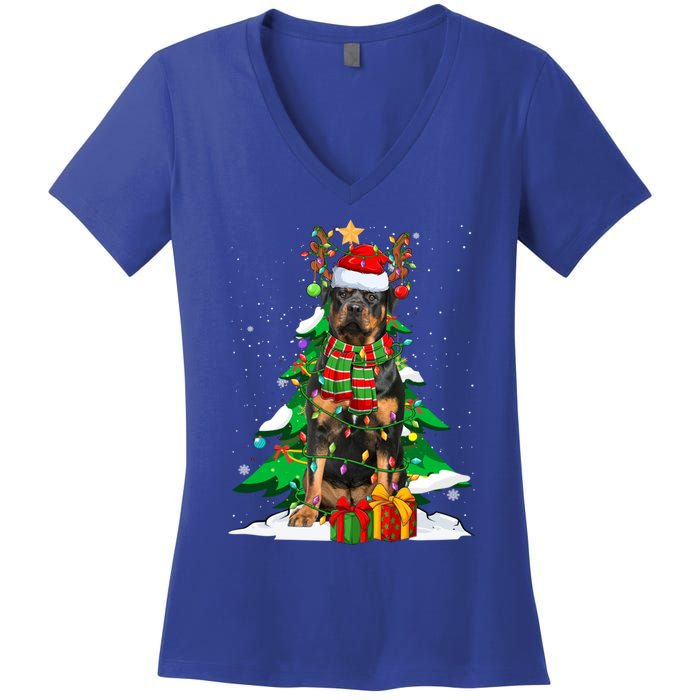 Santa Reindeer Rottweiler Dog Xmas Tree Lights Christmas Pjs Gift Women's V-Neck T-Shirt