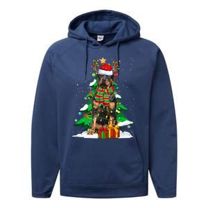 Santa Reindeer Rottweiler Dog Xmas Tree Lights Christmas Pjs Gift Performance Fleece Hoodie