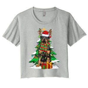 Santa Reindeer Rottweiler Dog Xmas Tree Lights Christmas Pjs Gift Women's Crop Top Tee