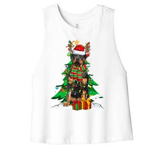 Santa Reindeer Rottweiler Dog Xmas Tree Lights Christmas Pjs Gift Women's Racerback Cropped Tank