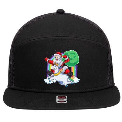 Santa Riding Rainbow Unicorn Christmas Gift Xmas Unicorn Cute Gift 7 Panel Mesh Trucker Snapback Hat