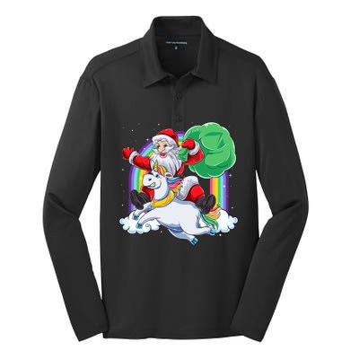 Santa Riding Rainbow Unicorn Christmas Gift Xmas Unicorn Cute Gift Silk Touch Performance Long Sleeve Polo