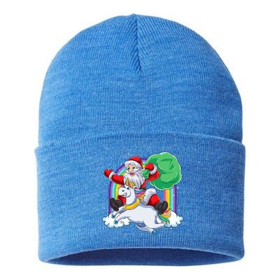 Santa Riding Rainbow Unicorn Christmas Gift Xmas Unicorn Cute Gift Sustainable Knit Beanie