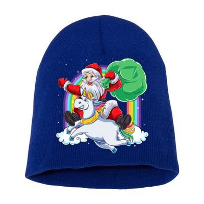 Santa Riding Rainbow Unicorn Christmas Gift Xmas Unicorn Cute Gift Short Acrylic Beanie