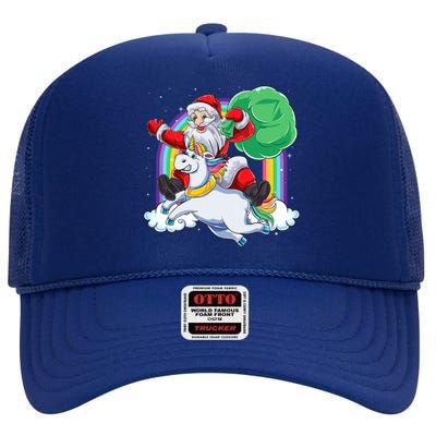 Santa Riding Rainbow Unicorn Christmas Gift Xmas Unicorn Cute Gift High Crown Mesh Back Trucker Hat