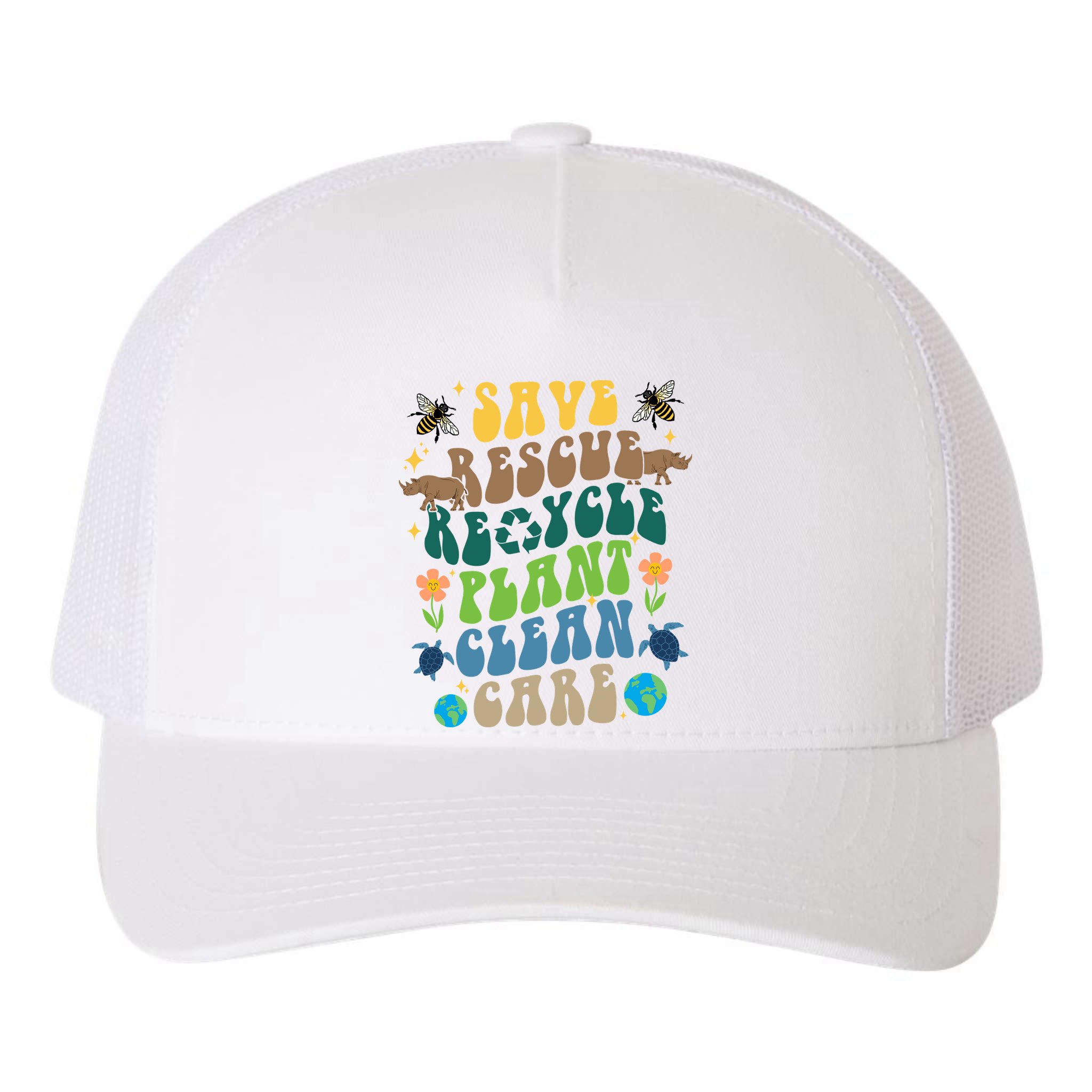 Save Rescue Recycle Plant Clean Care Earth Day Yupoong Adult 5-Panel Trucker Hat