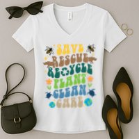 Save Rescue Recycle Plant Clean Care Earth Day Women's V-Neck T-Shirt