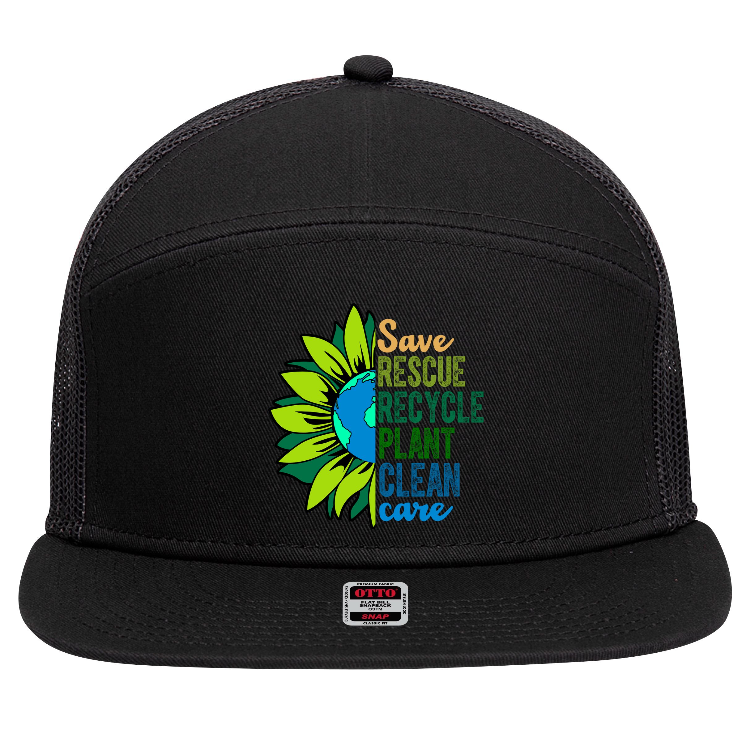 Save Rescue Recycle Plant Clean Care Earth Day 7 Panel Mesh Trucker Snapback Hat