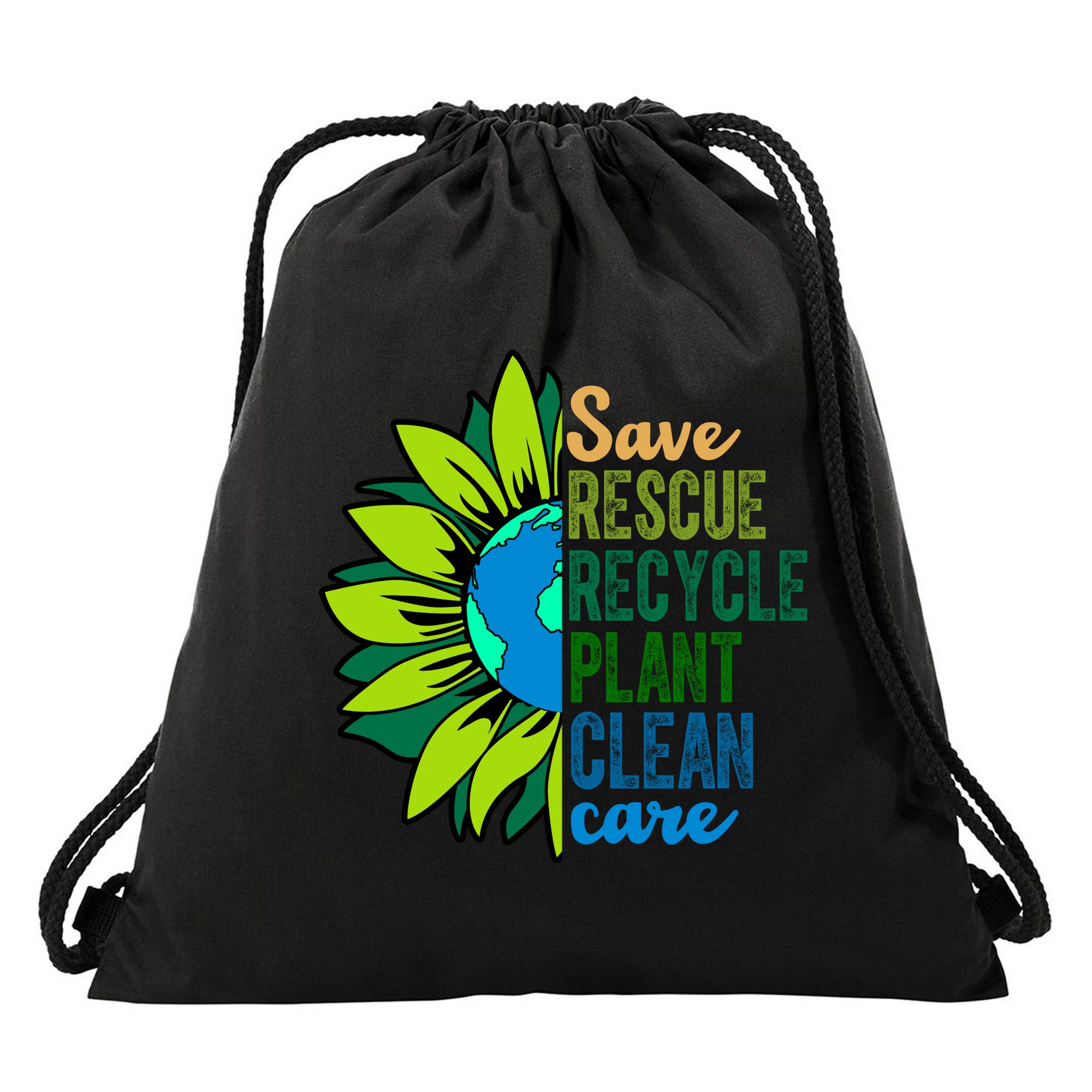 Save Rescue Recycle Plant Clean Care Earth Day Drawstring Bag