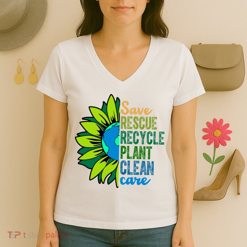 Save Rescue Recycle Plant Clean Care Earth Day Women's V-Neck T-Shirt