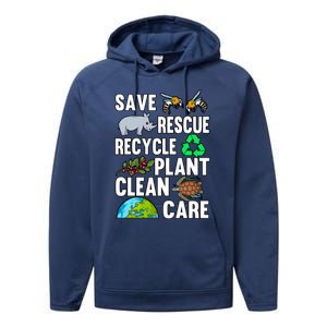 Save Rescue Recycle Plant Clean Care Earth Day Anniversary Gift Performance Fleece Hoodie