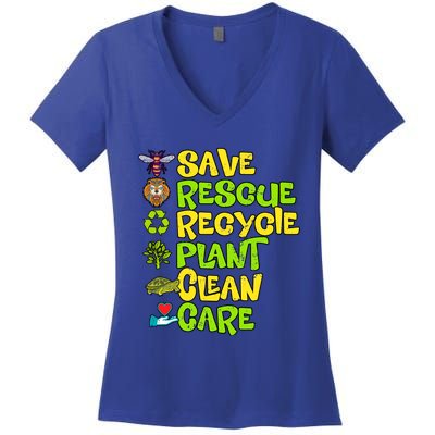 Save Rescue Recycle Plant Clean Care Earth Day Funny Gift Women's V-Neck T-Shirt