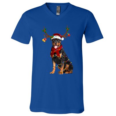 Santa Rottweiler Reindeer Light Christmas Funny Gift V-Neck T-Shirt