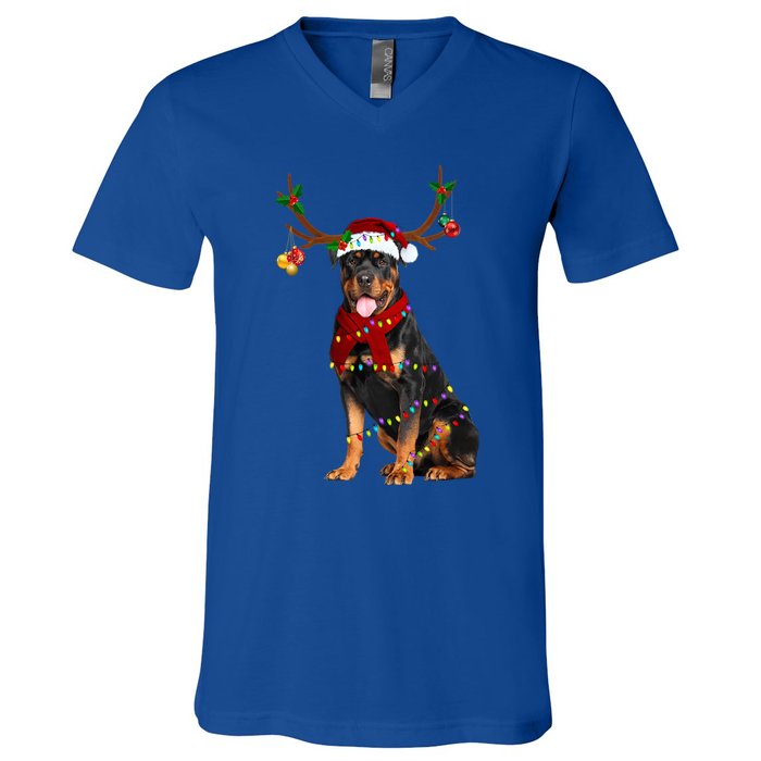 Santa Rottweiler Reindeer Light Christmas Funny Gift V-Neck T-Shirt