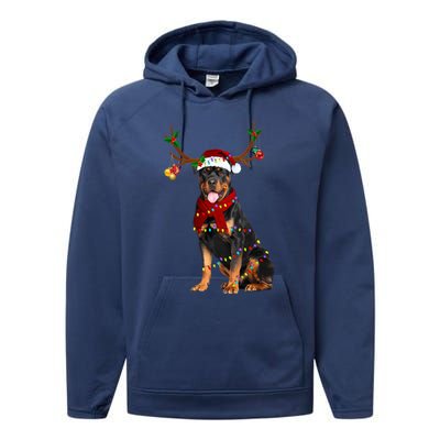 Santa Rottweiler Reindeer Light Christmas Funny Gift Performance Fleece Hoodie