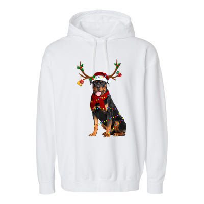 Santa Rottweiler Reindeer Light Christmas Funny Gift Garment-Dyed Fleece Hoodie