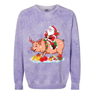 Santa Riding Reindeer Pig Xmas Pig Farmer Lover Colorblast Crewneck Sweatshirt