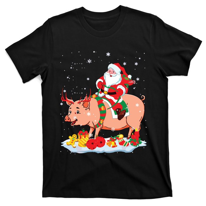 Santa Riding Reindeer Pig Xmas Pig Farmer Lover T-Shirt