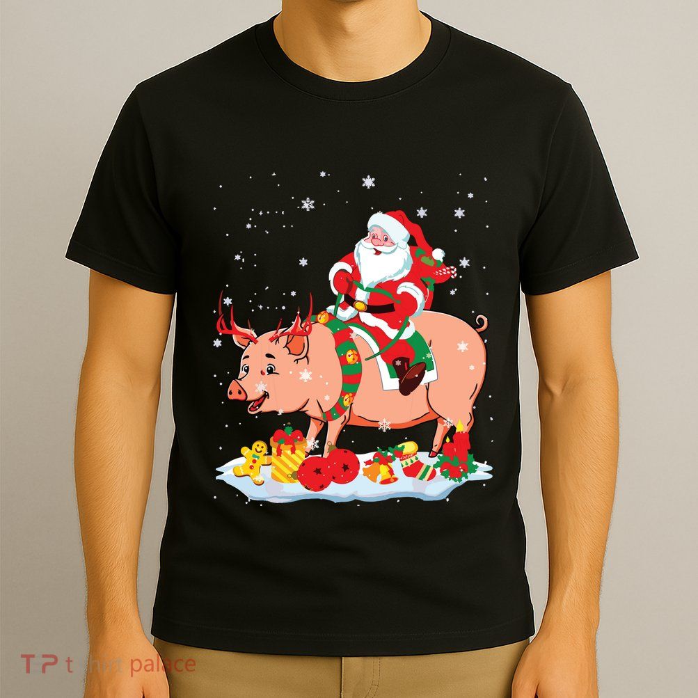 Santa Riding Reindeer Pig Xmas Pig Farmer Lover T-Shirt