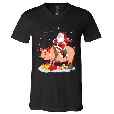 Santa Riding Reindeer Pig Xmas Pig Farmer Lover V-Neck T-Shirt