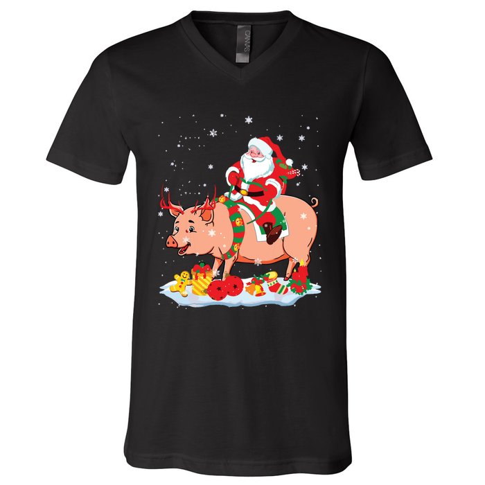 Santa Riding Reindeer Pig Xmas Pig Farmer Lover V-Neck T-Shirt