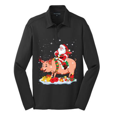 Santa Riding Reindeer Pig Xmas Pig Farmer Lover Silk Touch Performance Long Sleeve Polo